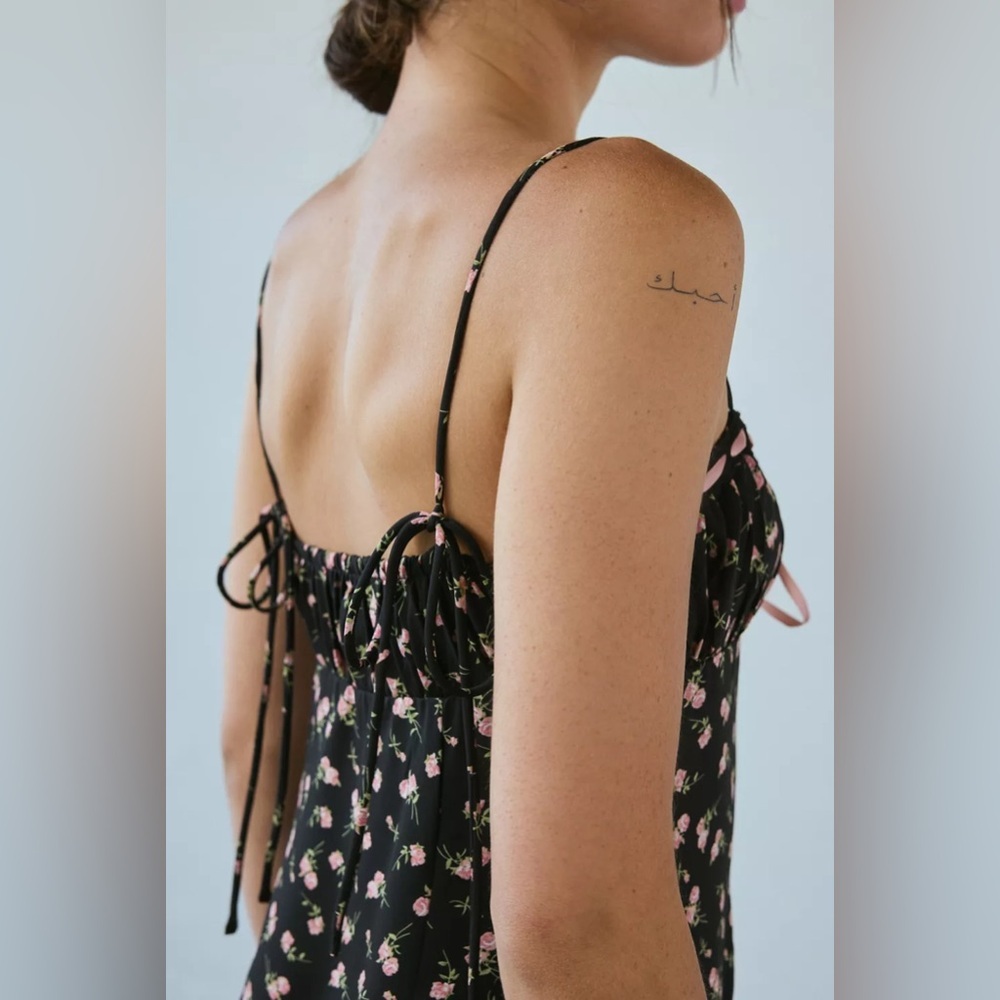 Kiss The Sky Black Floral Maxi Dress Pink Rose Ribbon Milkmaid NWT Large - Picture 2 of 10